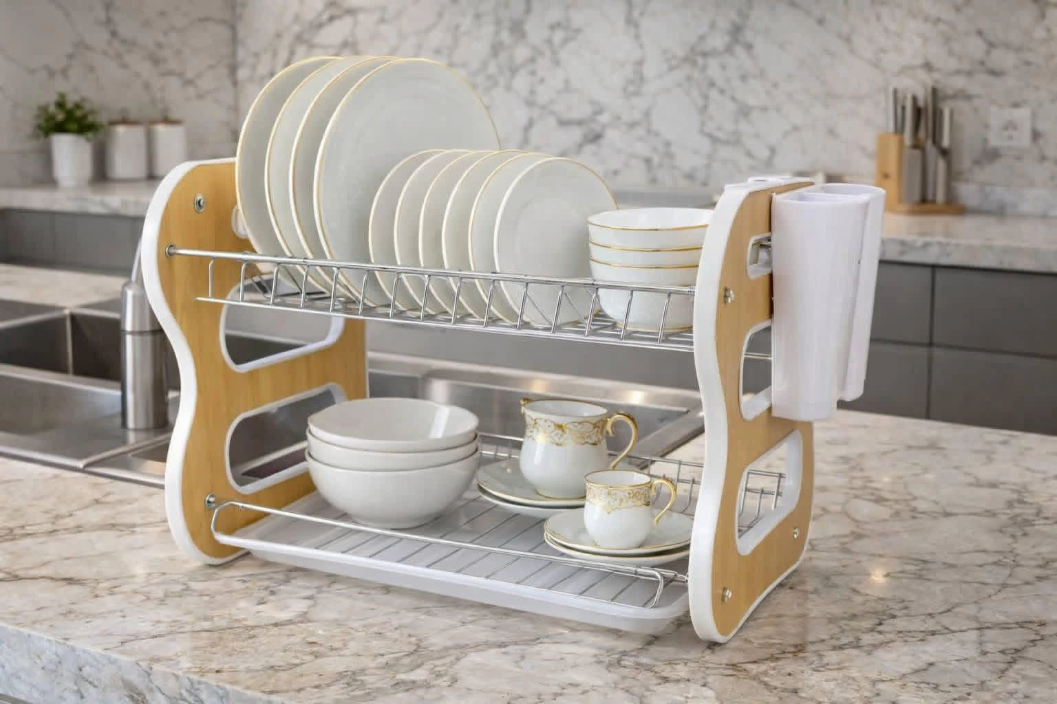 رف الصحون المزدوج ترتيب وفخامة لمطبخك