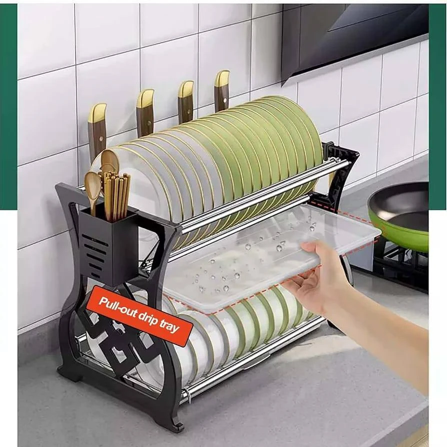 رف تجفيف أطباق من الفولاذ المقاوم للصدأ مع مصفاة وحامل أدوات مائدة - رف تجفيف أطباق أسود من طبقتين لسطح المطبخ
