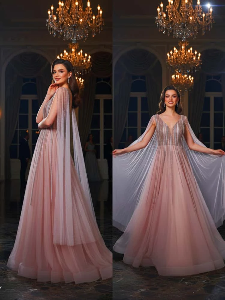 فستان سهرة وردي بودري يجمع بين الرقة والملكية